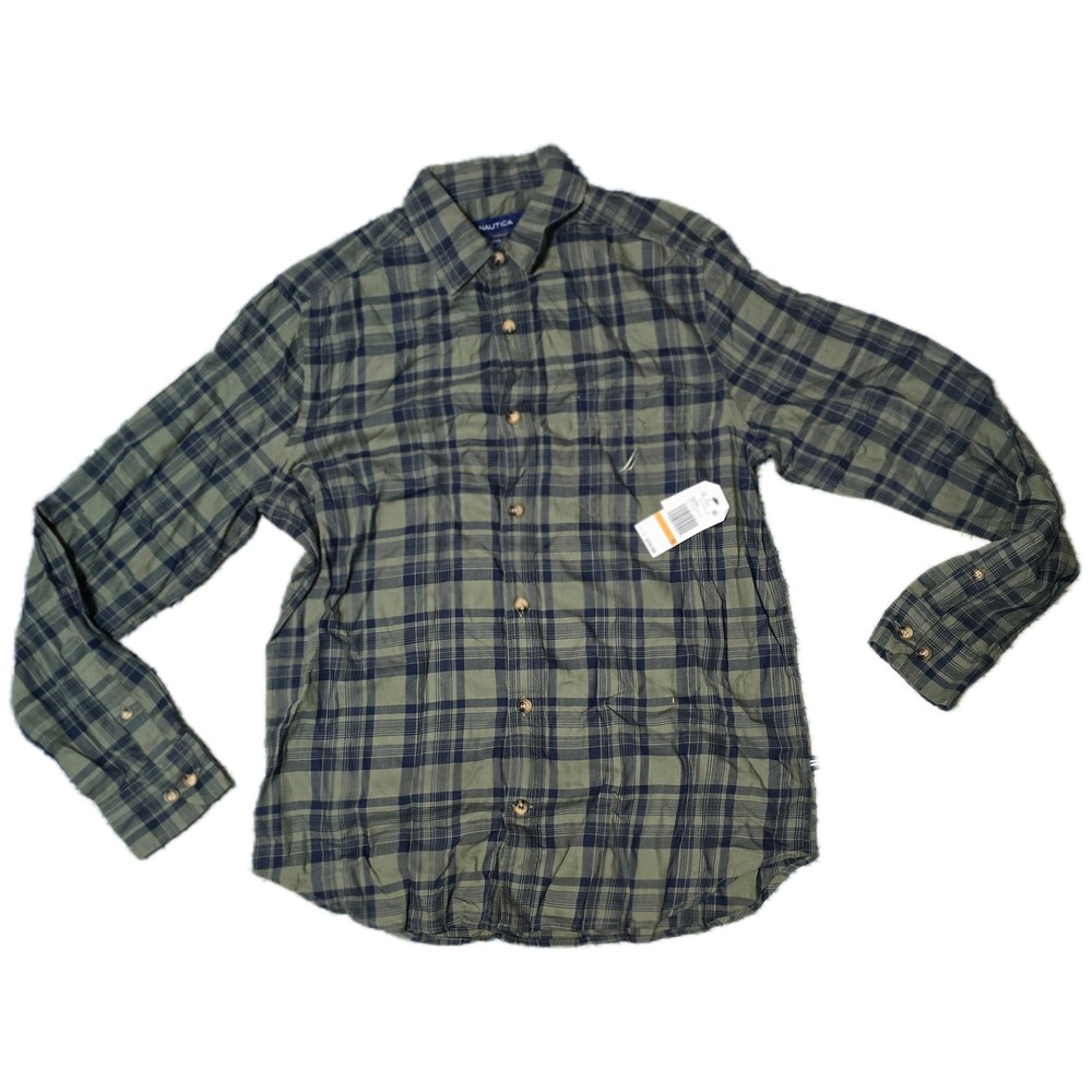 Nautica Men Classic Fit Plaid Button Down‎ Shirt Long Sleeve Green Navy  S (G)